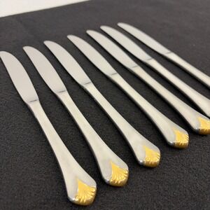 Set of 7 Yamazaki Cara‎ Gold Accent Stainless Table Knives Dining Flatware Japan